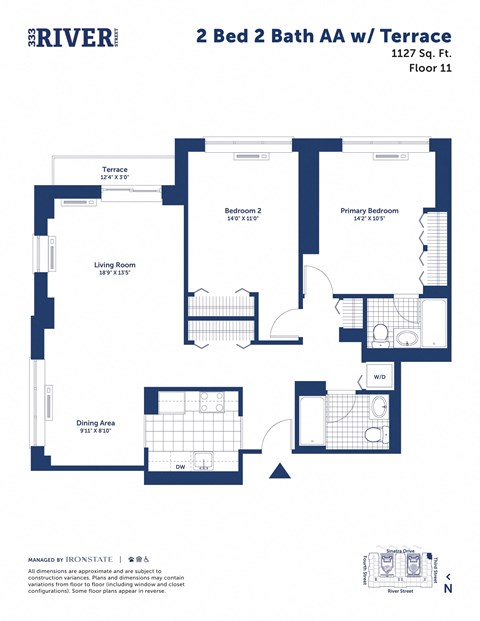Floor plan for 2 beds, 2 baths, 1127 sqft